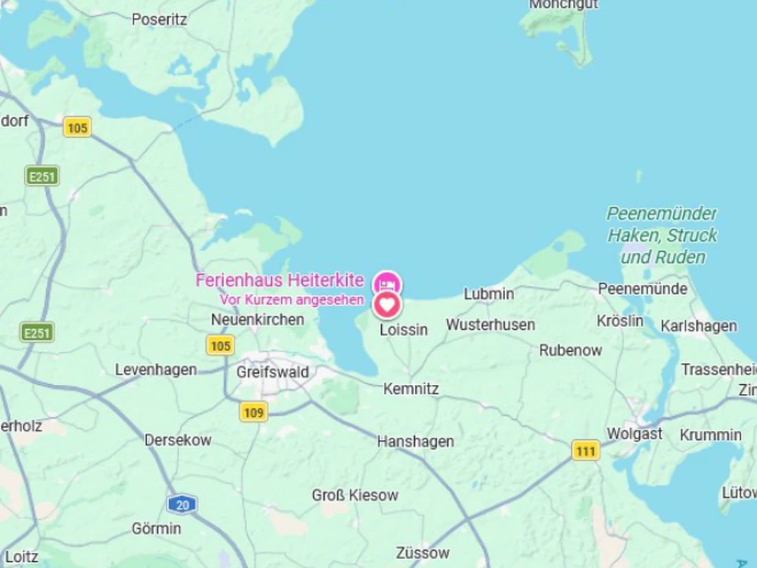 Google-Maps-Karte der Region mit Ziel Ferienhaus Heiterkite in Loissin
